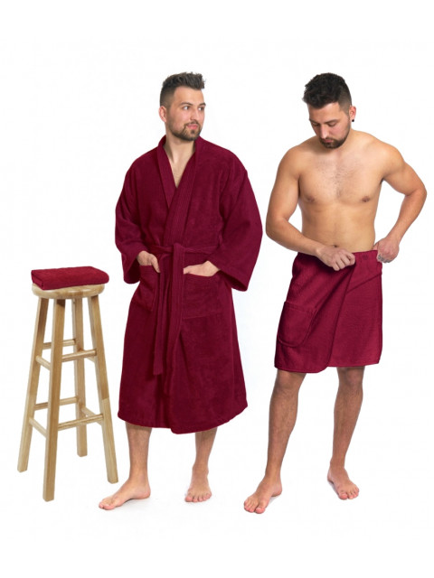 Sada Bordeaux: župan KIMONO + pánský saunový kilt + osuška